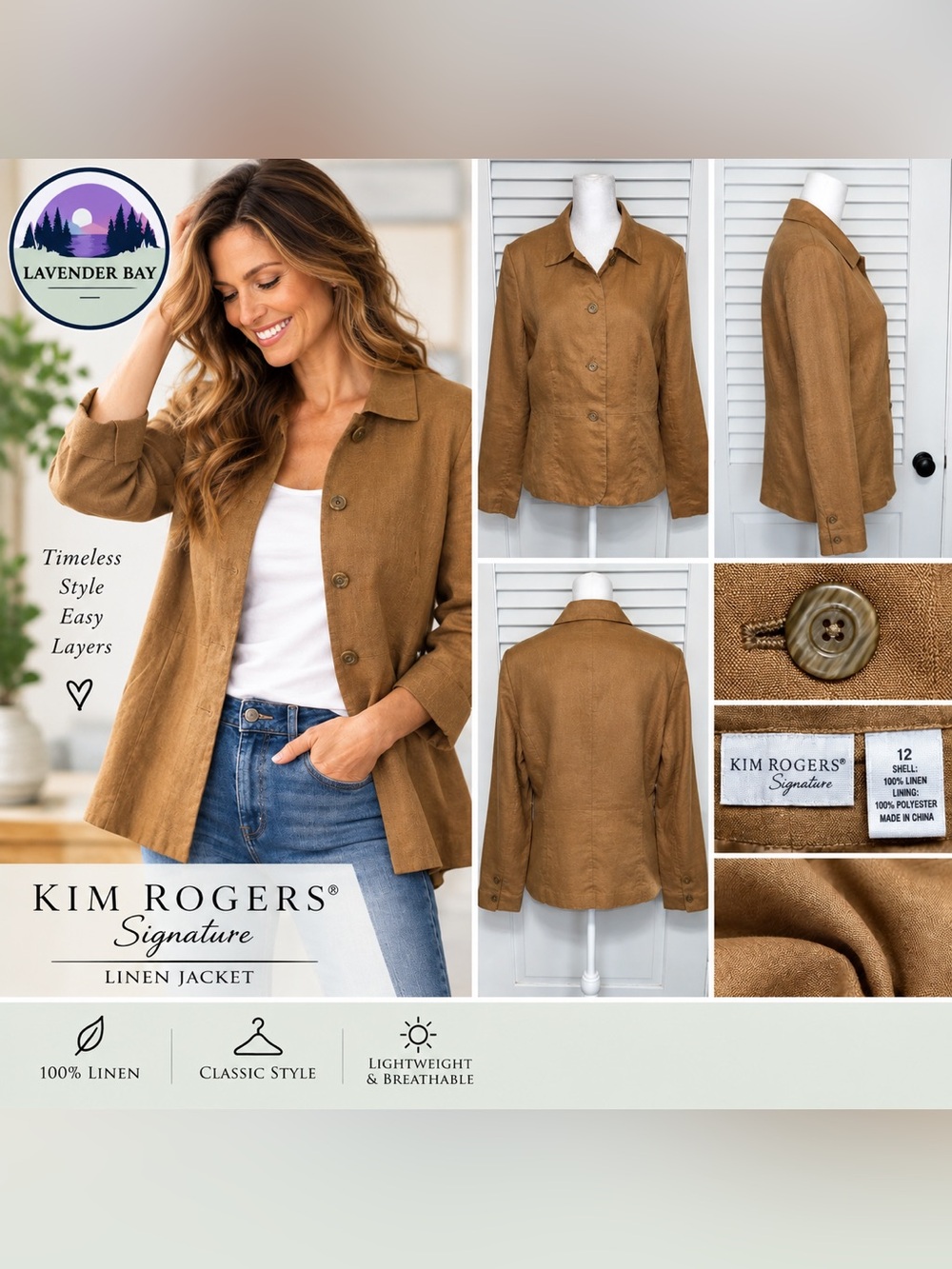 KIM ROGERS SIGNATURE 100% LINEN BLAZER JACKET BROWN SIZE 12